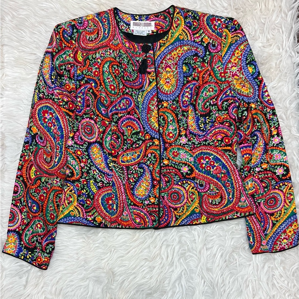 Women's Maggy London 100% Silk Paisley Quilted Jacket‎ With Corded Edging Size 6